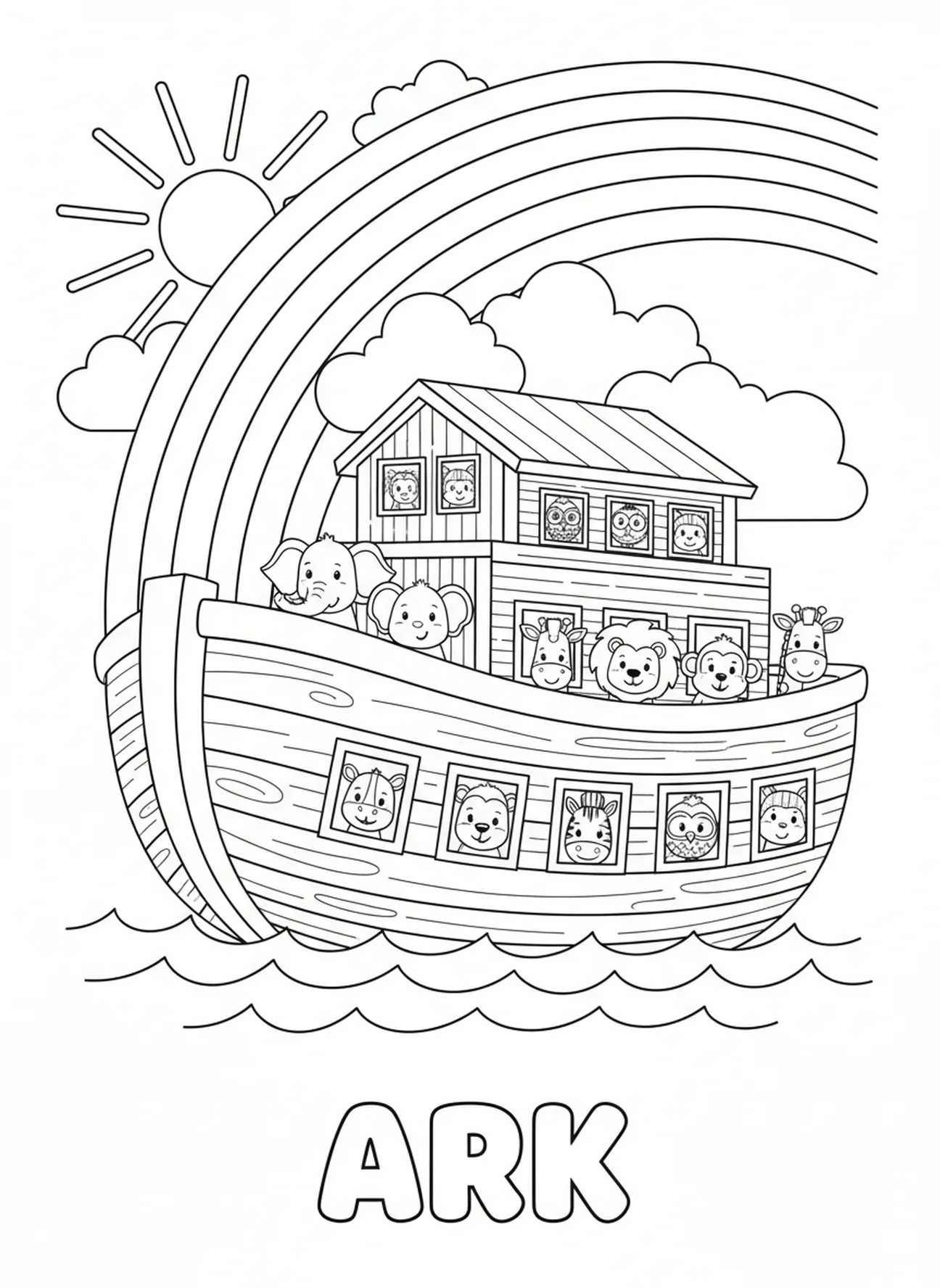 Arc-en-ciel au-dessus de l'arche, page à colorier École du dimanche pour enfants de 5 à 10 ans