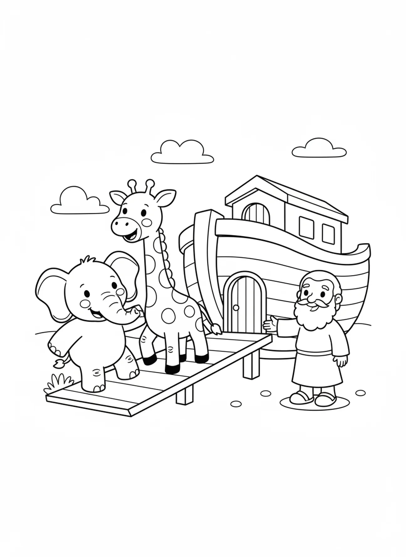 Deux animaux de dessin animé montant à bord de l'arche, page à colorier VBS Twists Turns pour les préscolaires de 3 à 5 ans