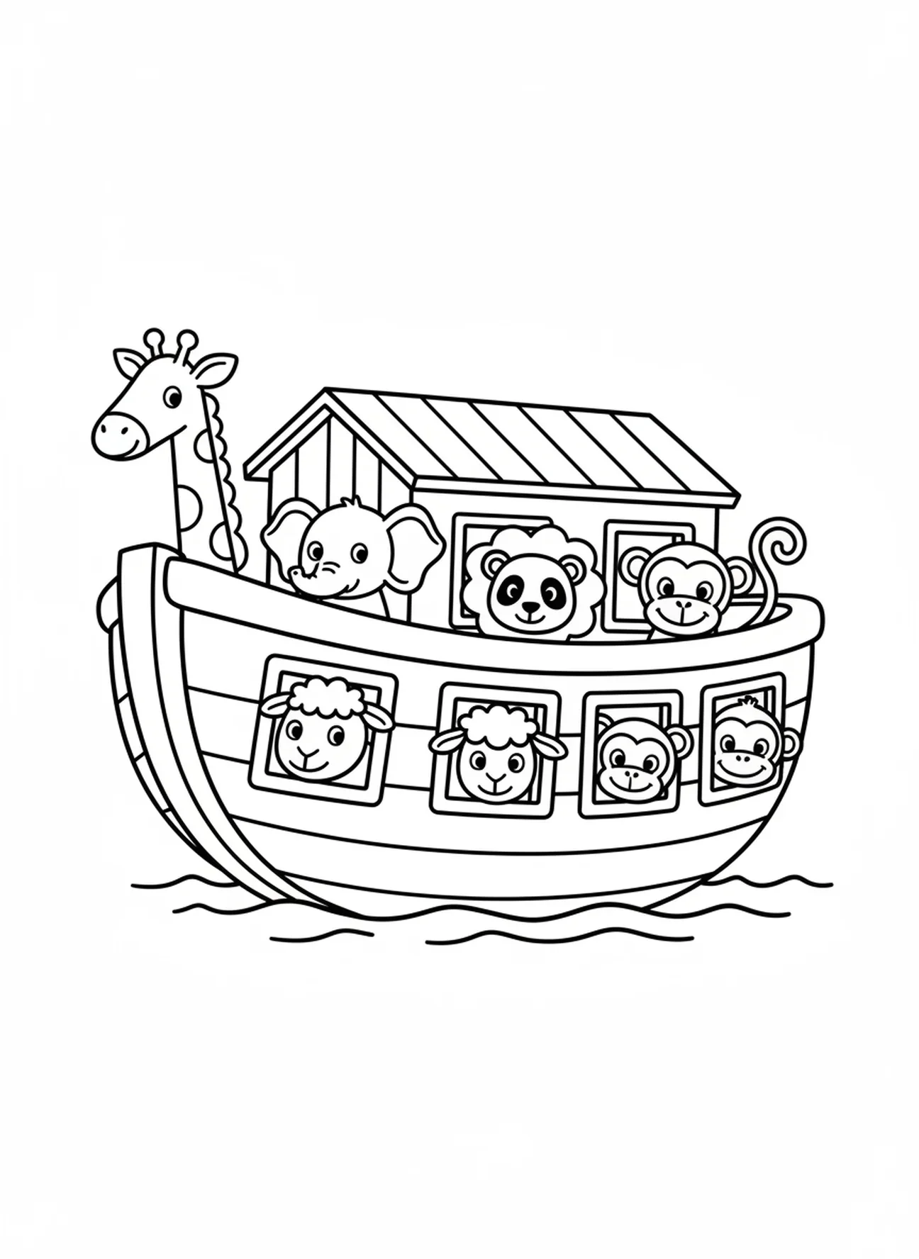 Des animaux regardant par les fenêtres de l'arche, page à colorier VBS Twists Turns pour les enfants de 3 à 5 ans