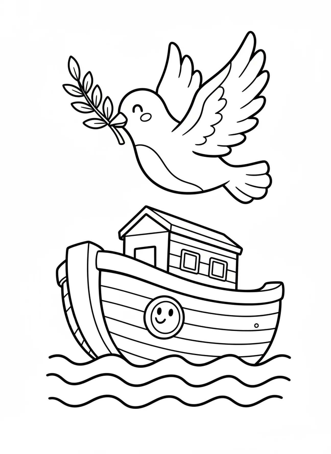 Colombe avec branche d'olivier au-dessus de l'arche, page à colorier École du dimanche pour les enfants de 3 à 5 ans
