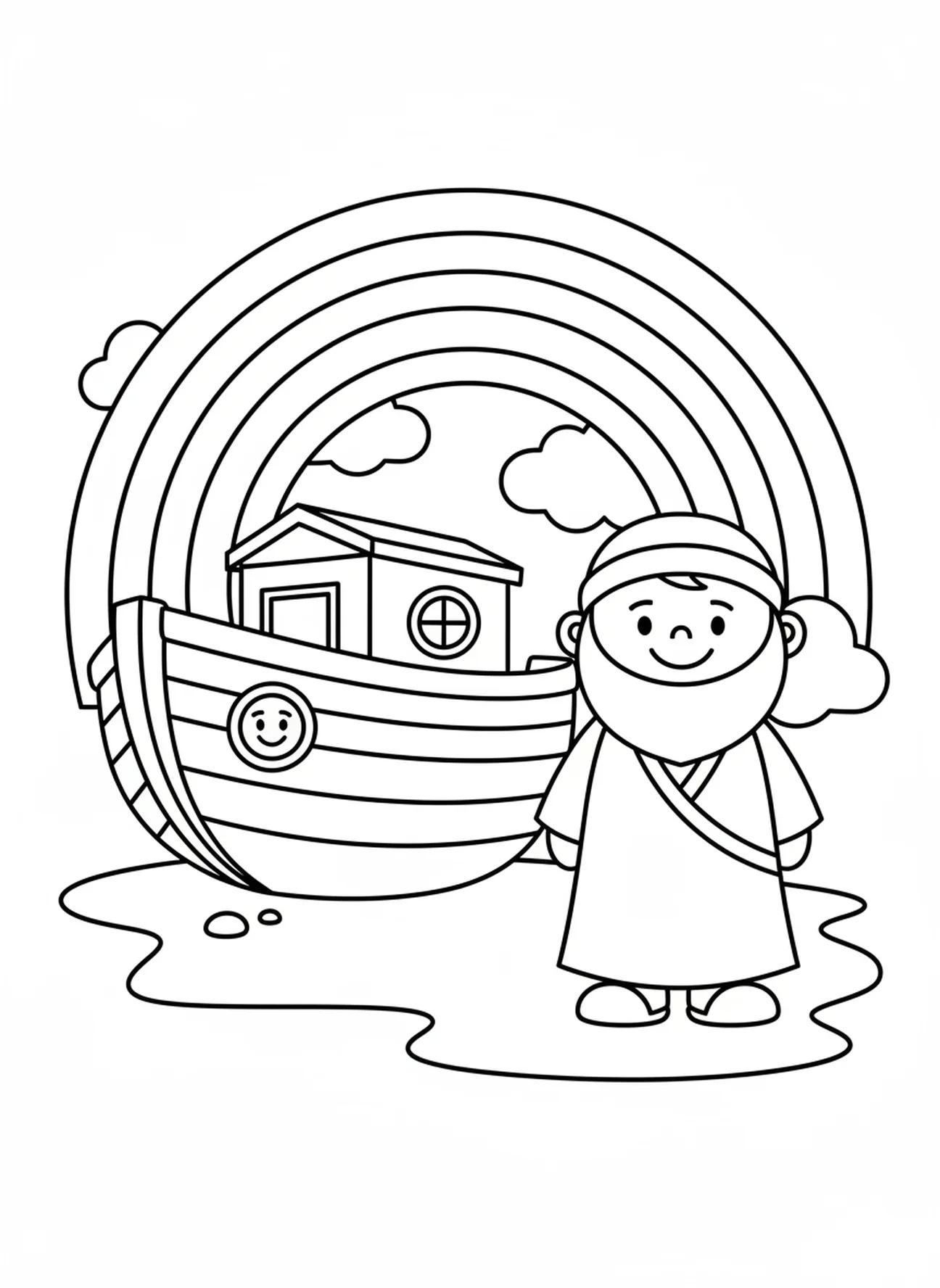 Arc-en-ciel au-dessus de Noé souriant, page à colorier École du dimanche Twists Turns pour les enfants de 3 à 5 ans