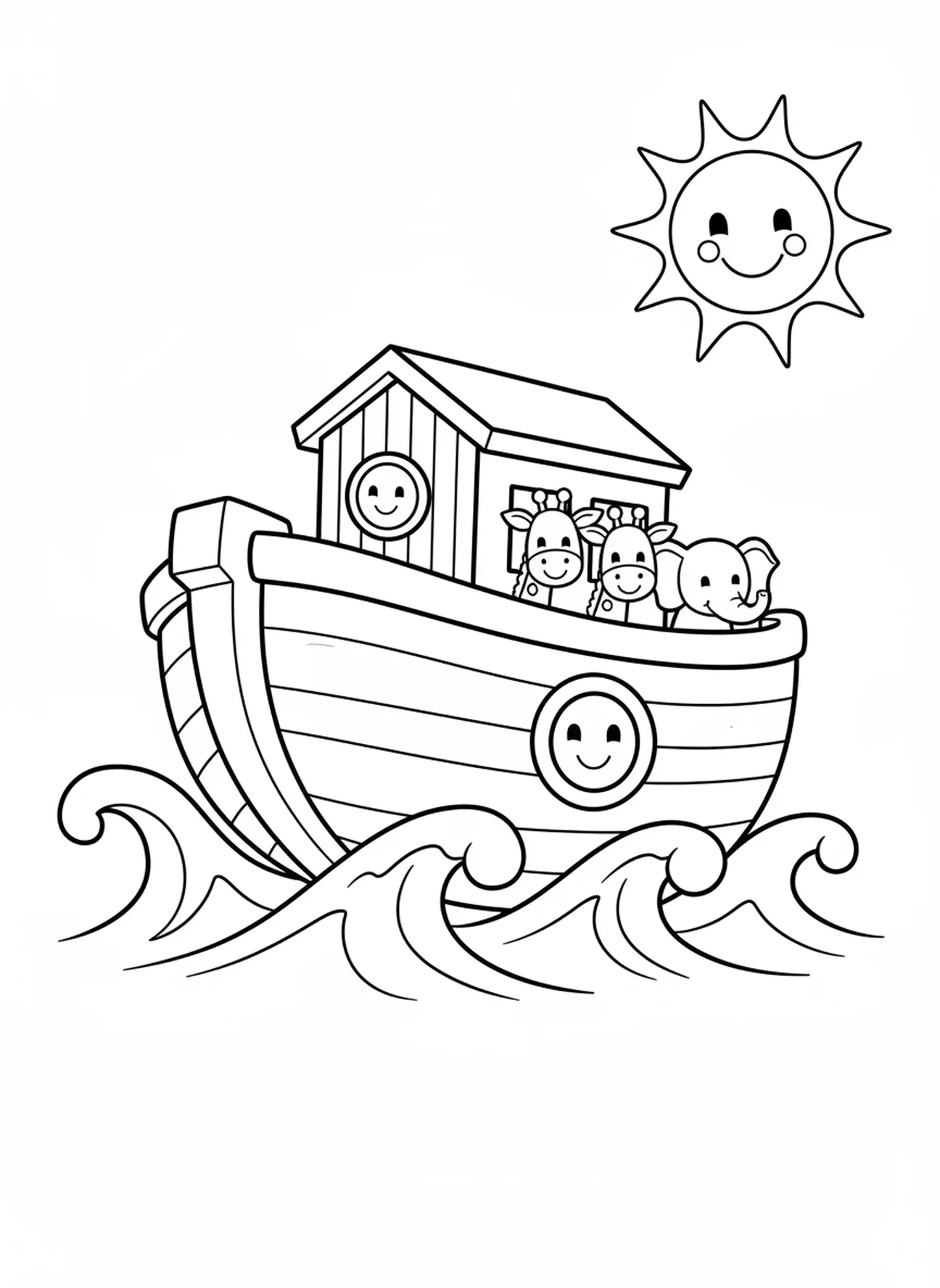 Arche flottant sur l'eau avec des vagues, page à colorier École du dimanche pour les enfants de 3 à 5 ans