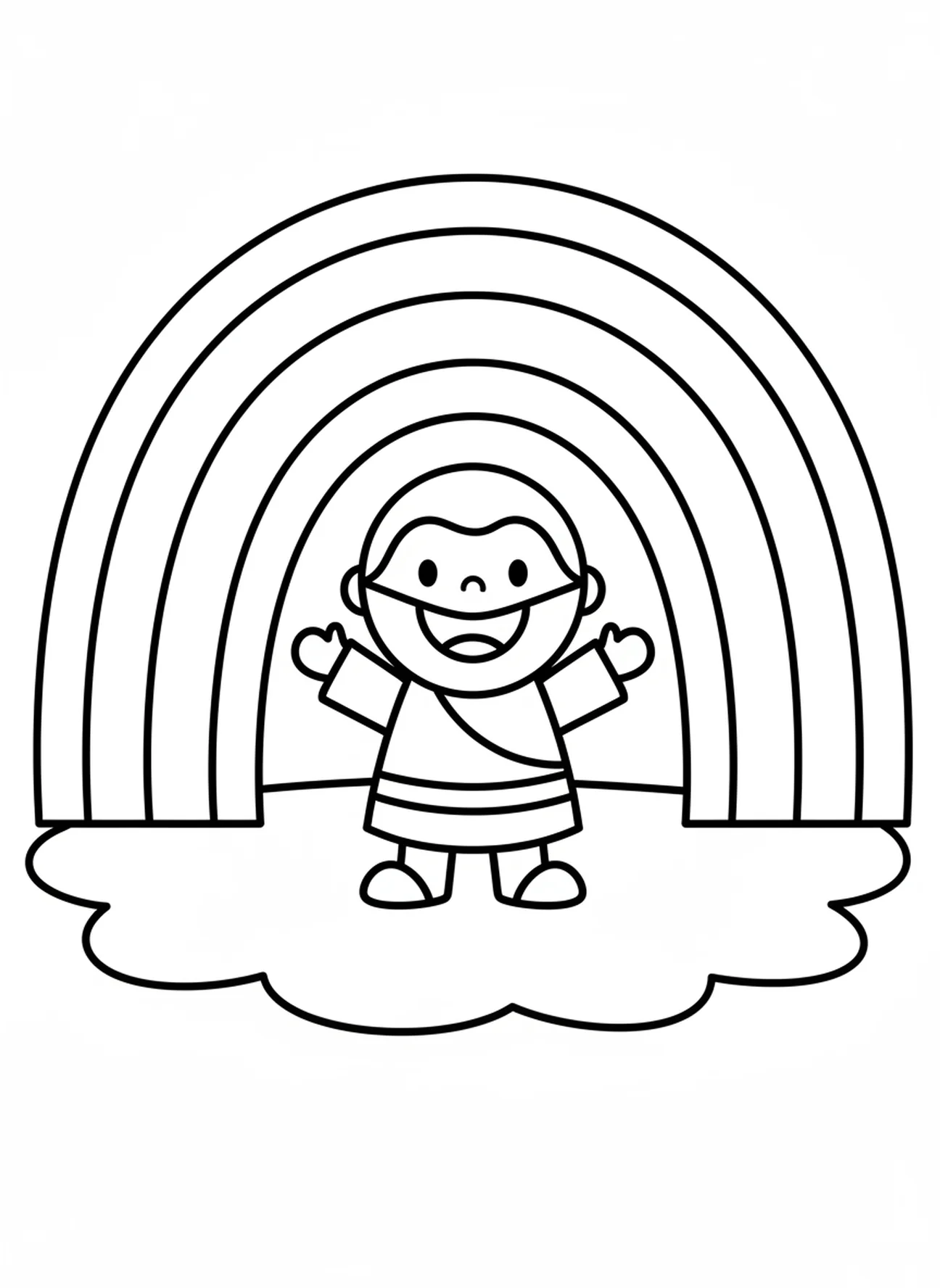 Grote regenboog boven lachende Noach, kleurplaat voor Zondagsschool Zoomerang voor peuters van 3-5 jaar.