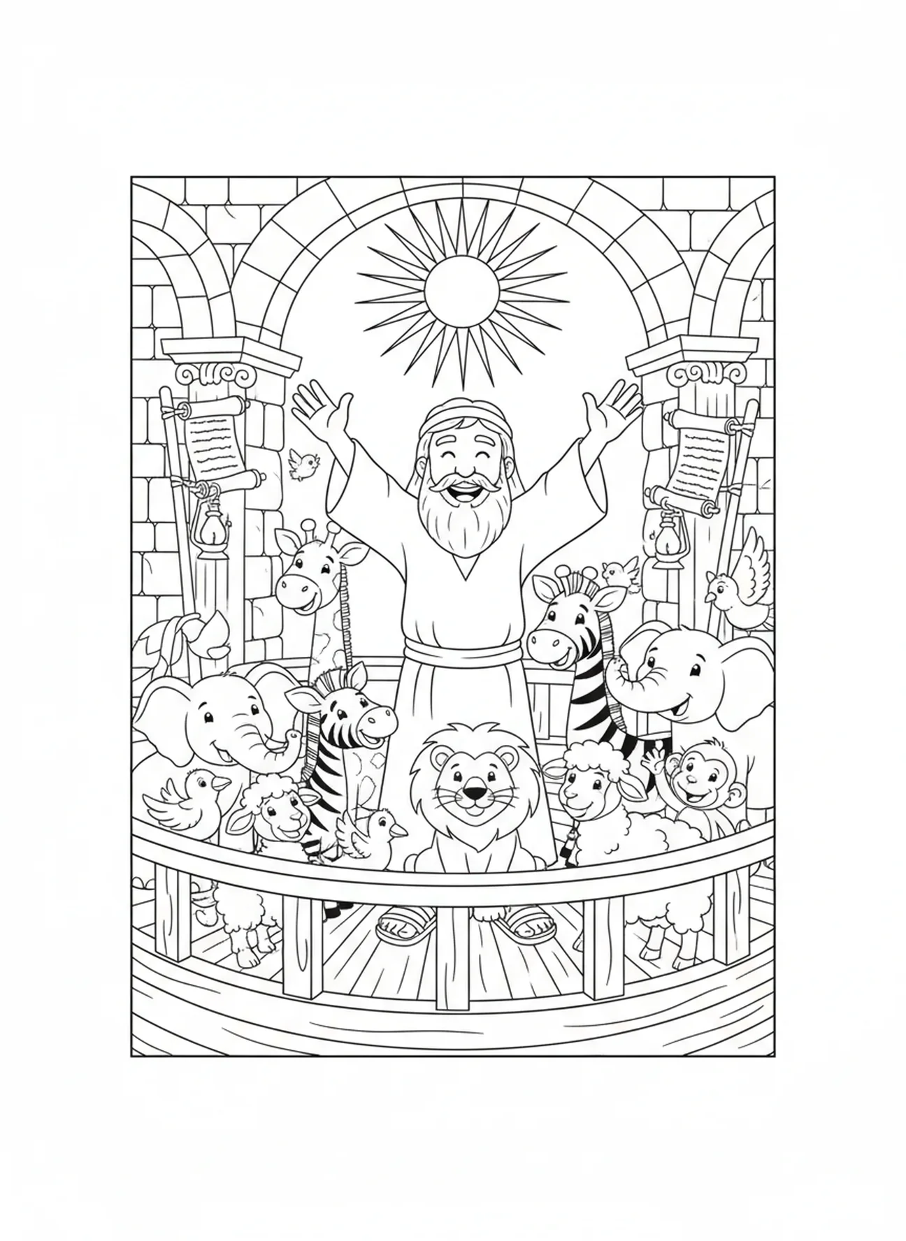 Noach dankt op de ark, kleurplaat voor Zondagsschoolkinderen van 5-12 jaar, Vacation Bible School Zoomerang