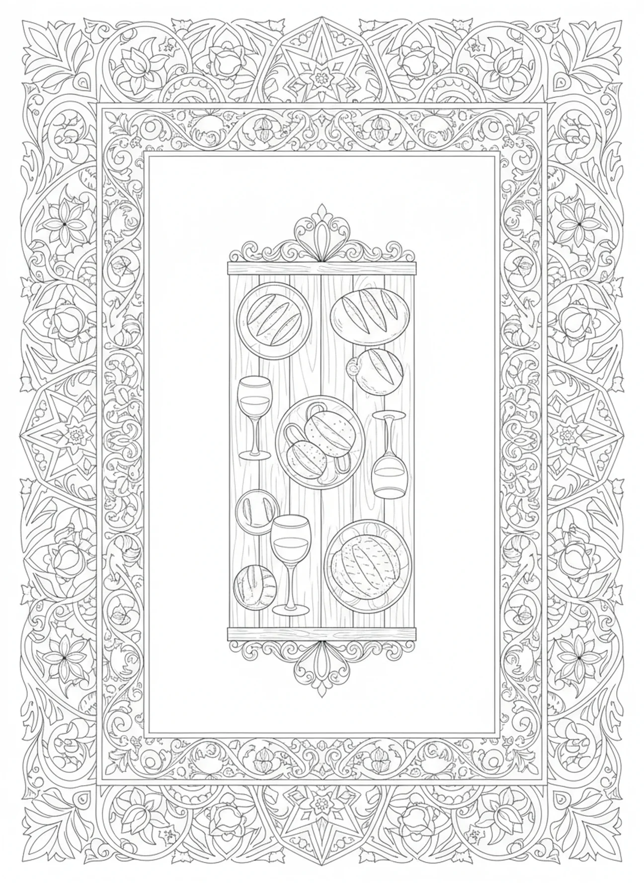 Copos de vinho e pão sobre uma mesa, página para colorir de uvas no estilo de journaling bíblico para adultos