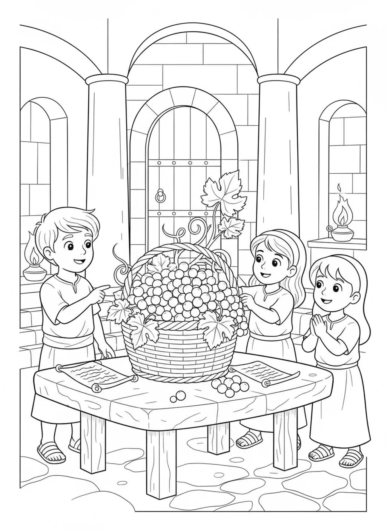 Panier de raisins, page à colorier Biblique sur les raisins pour les enfants de l'École du dimanche âgés de 5 à 12 ans.