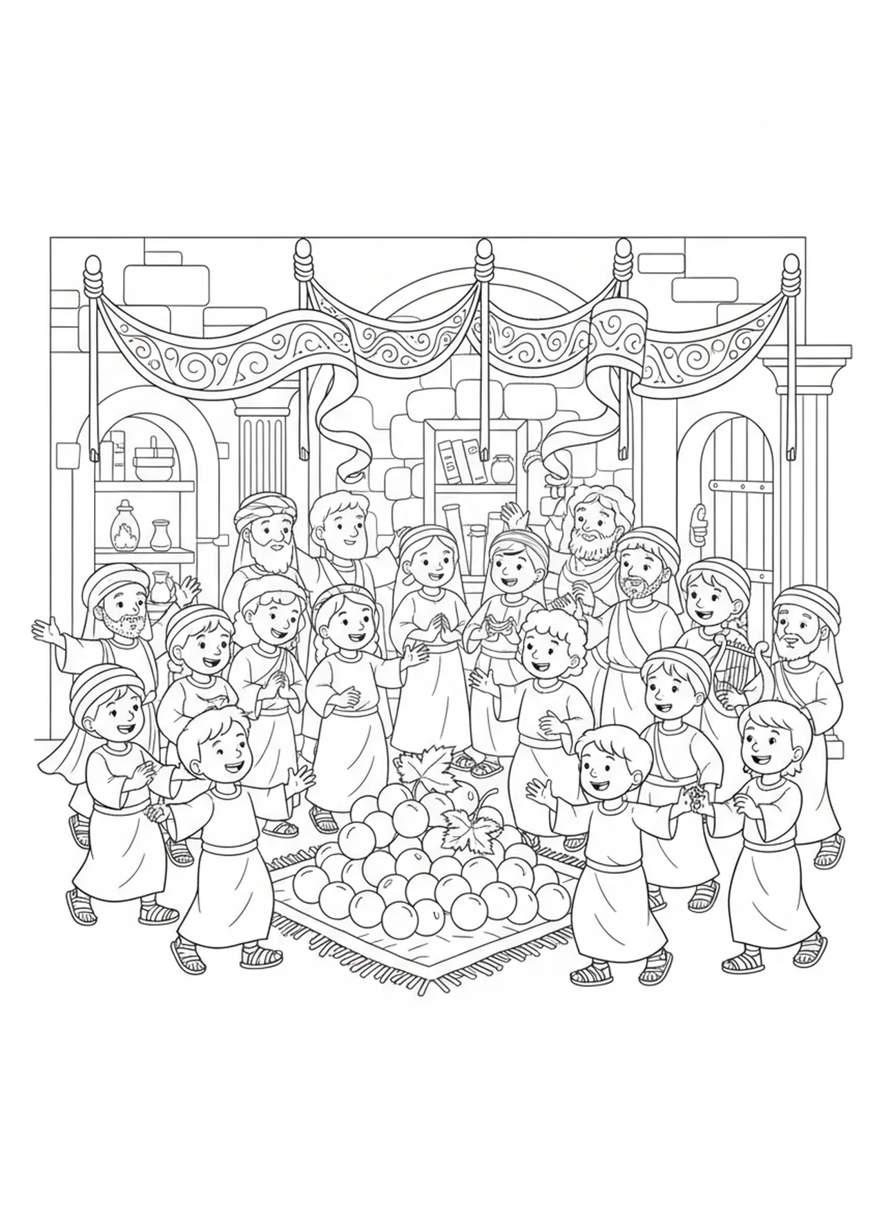 Célébration de la récolte des raisins, page à colorier Biblique sur les raisins pour les enfants de l'École du dimanche âgés de 5 à 12 ans.