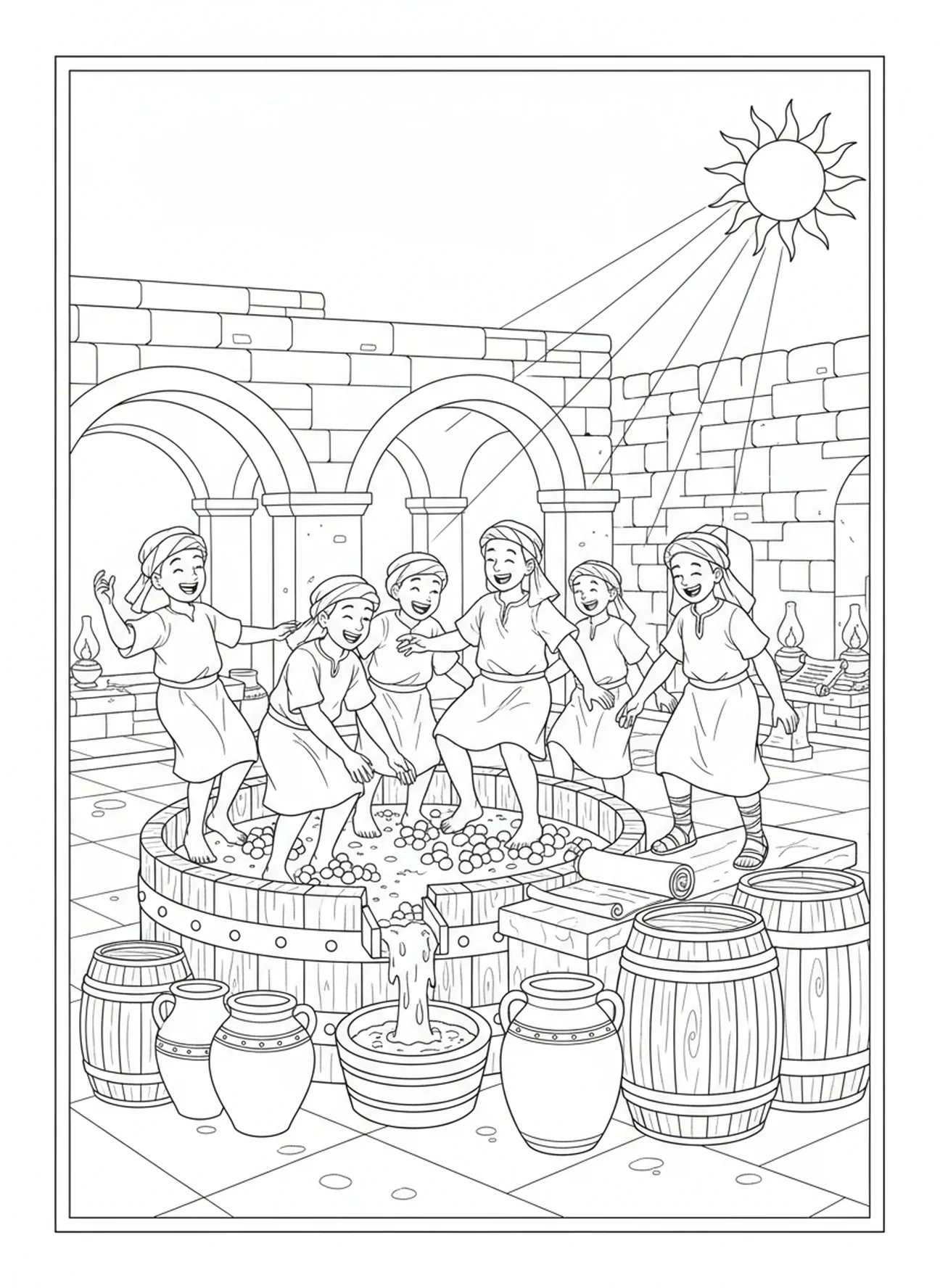 Adultes pressant des raisins, page à colorier Biblique sur les raisins pour les enfants de l'École du dimanche âgés de 5 à 12 ans.