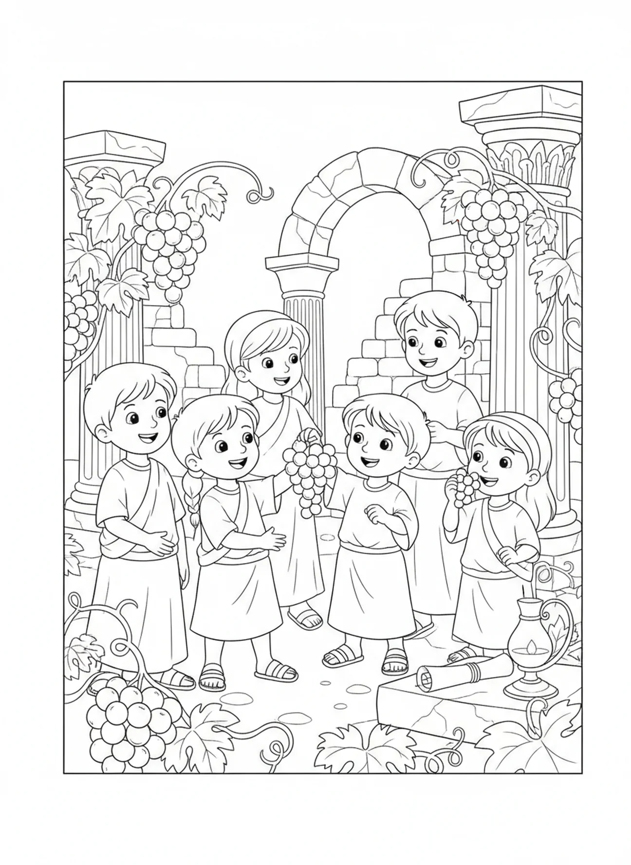Enfants partageant des raisins, page à colorier Biblique sur les raisins pour les enfants de l'École du dimanche âgés de 5 à 12 ans.