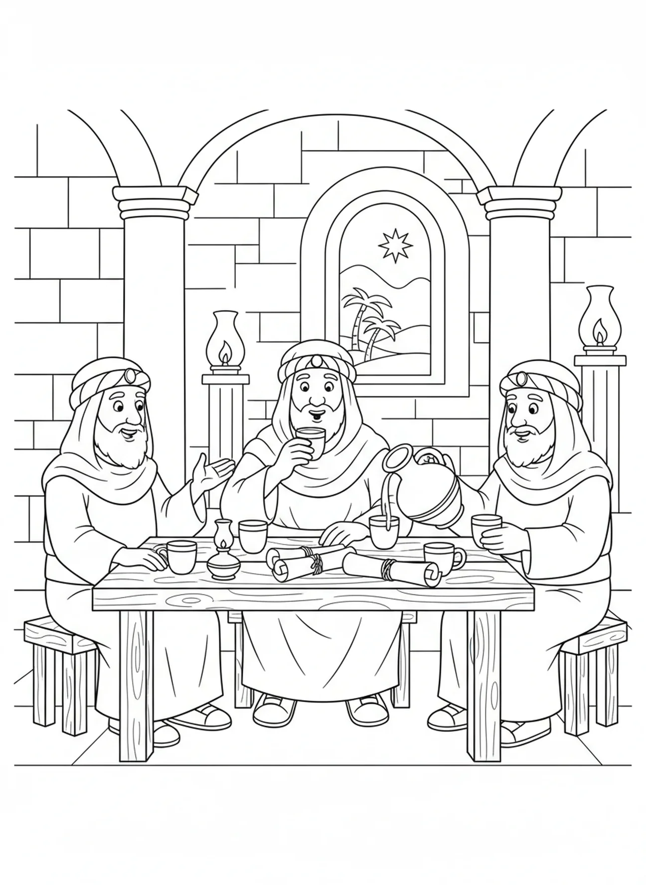 Des sages goûtent du jus de raisin, page à colorier sur les raisins pour les enfants de l'École du dimanche âgés de 5 à 12 ans.