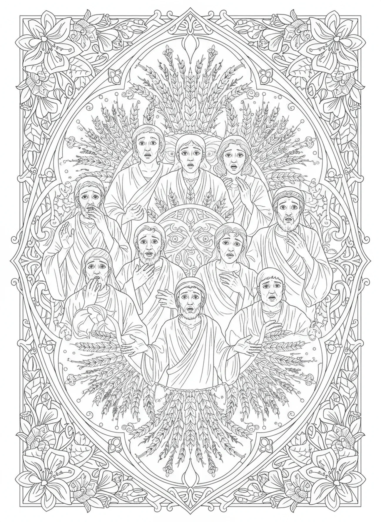 Frères dans l'incrédulité, page à colorier Épis de blé pour adultes dans le style du journal biblique