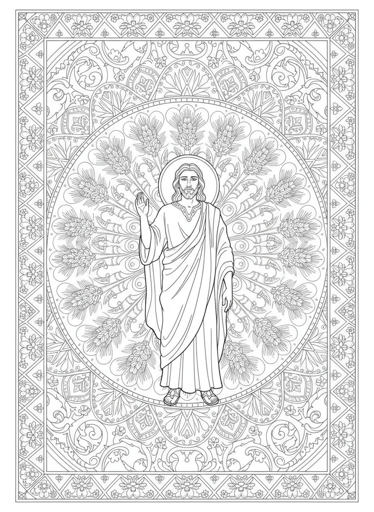 Joseph levant la main, page à colorier Épis de blé pour adultes dans le style du journal biblique