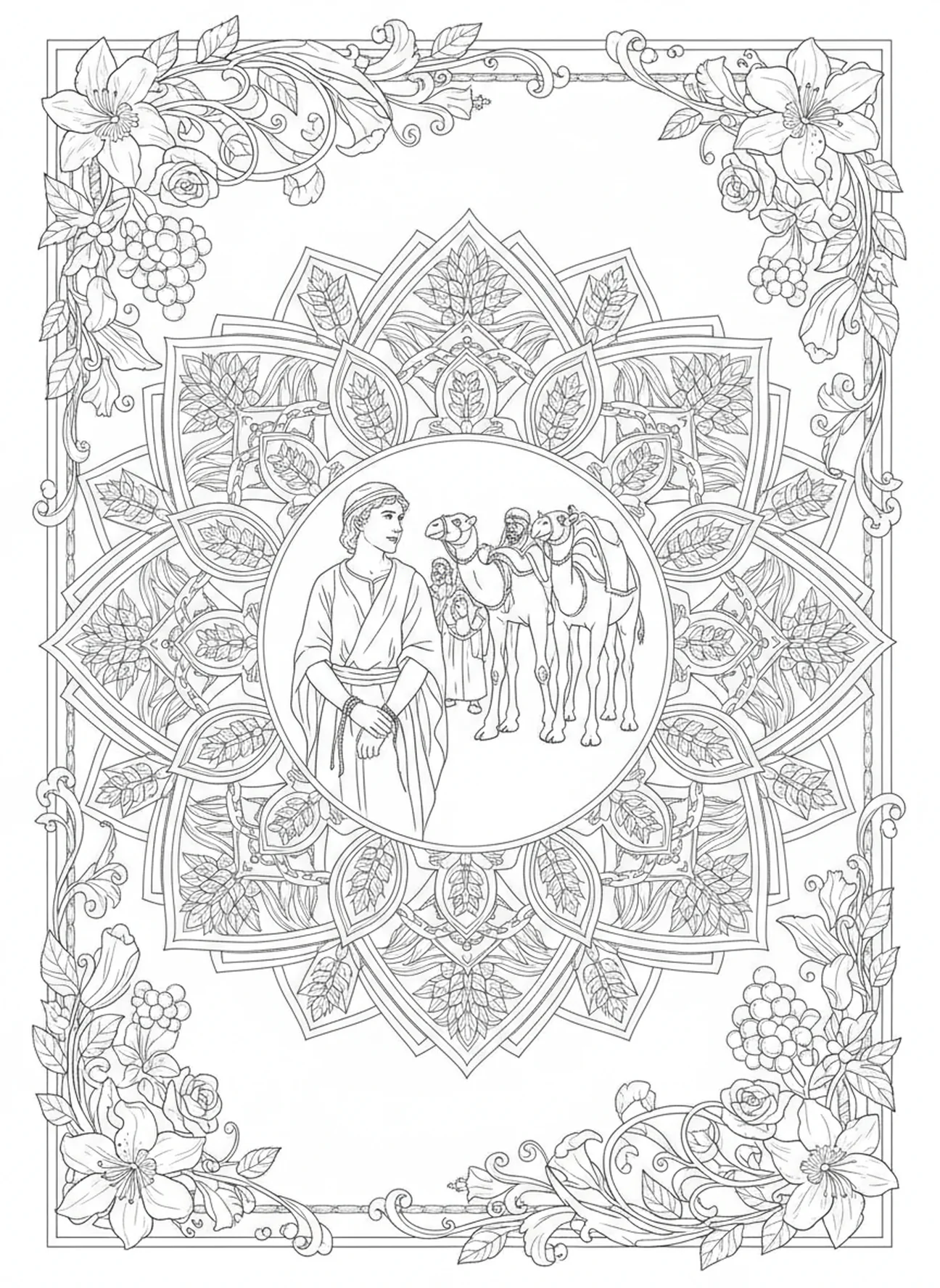 Joseph vendu aux marchands, page à colorier Épis de blé pour adultes dans le style du journal biblique