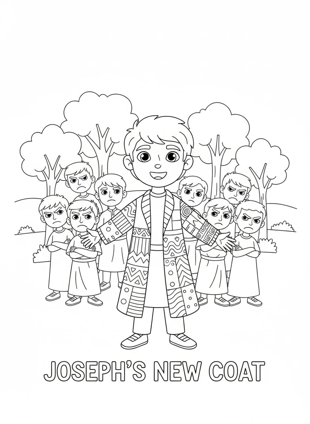 Josef in seinem bunten Gewand, Ausmalbild von Weizengarben für Kinder im Alter von 5-10 Jahren