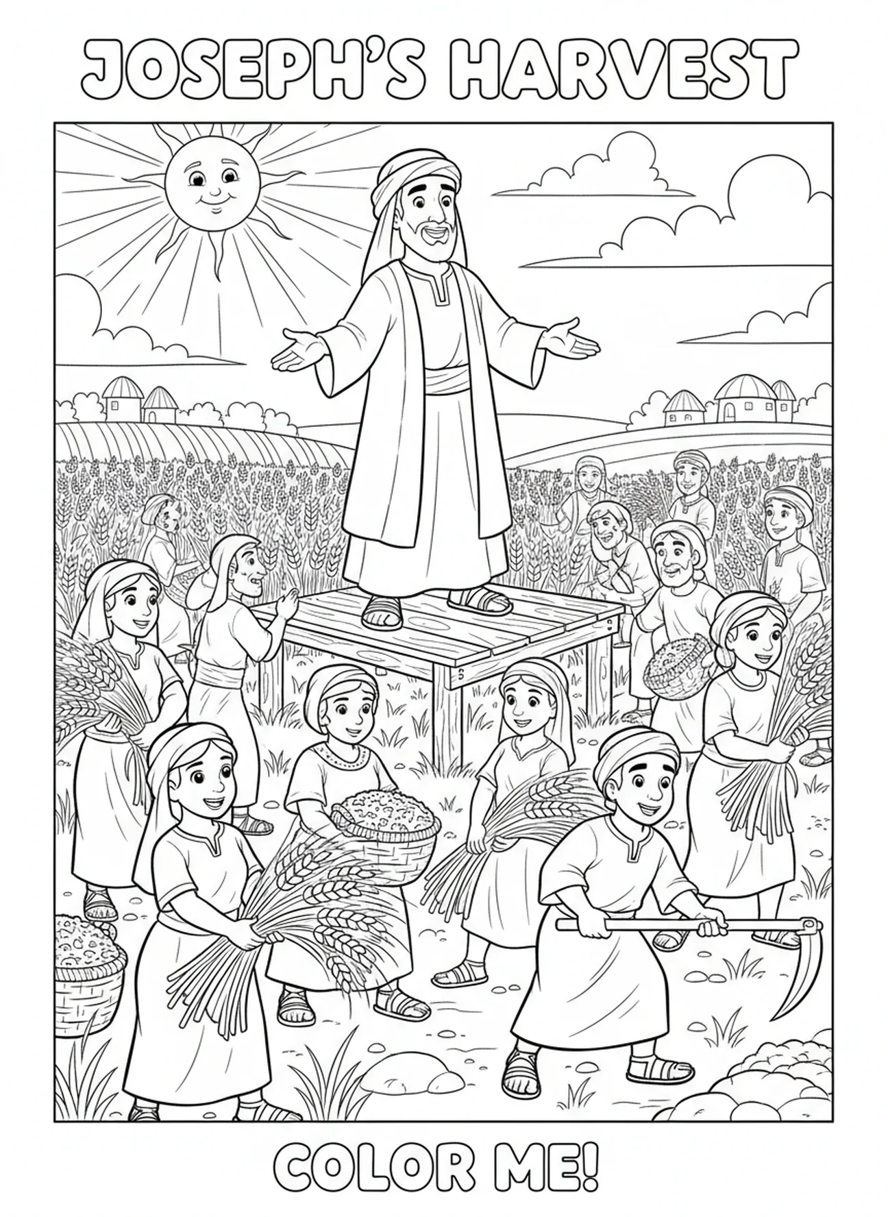 Josef überwacht die Ernte, Ausmalbild mit Weizengarben für Kinder im Alter von 5-10 Jahren