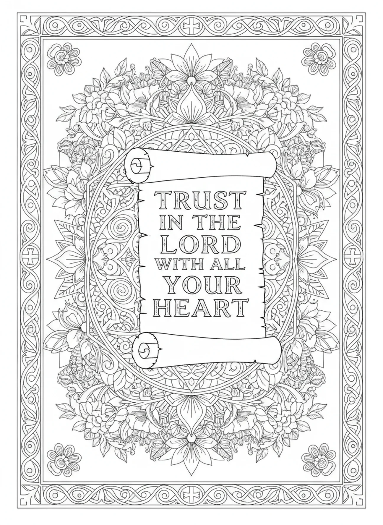 Rouleau ouvert avec un texte de sagesse, page à colorier de la Bible sur la sagesse pour le style de journalisation biblique.