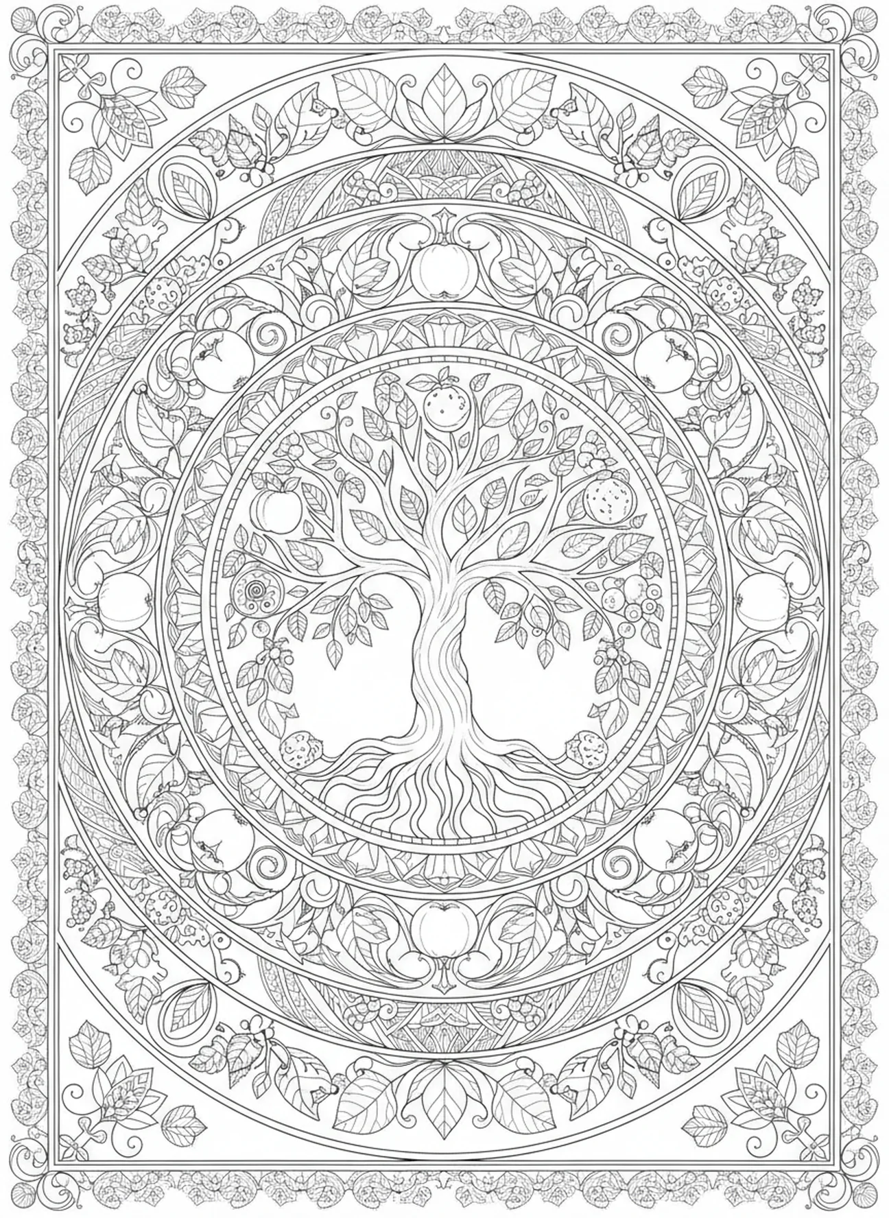 Grand arbre de la connaissance, page à colorier Biblique sur la sagesse pour adultes dans un style de journal Biblique.