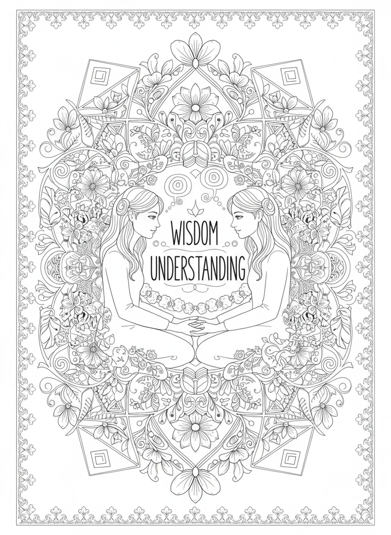 Deux figures discutant de la sagesse, page à colorier Biblique sur la sagesse pour adultes dans un style de journal biblique.
