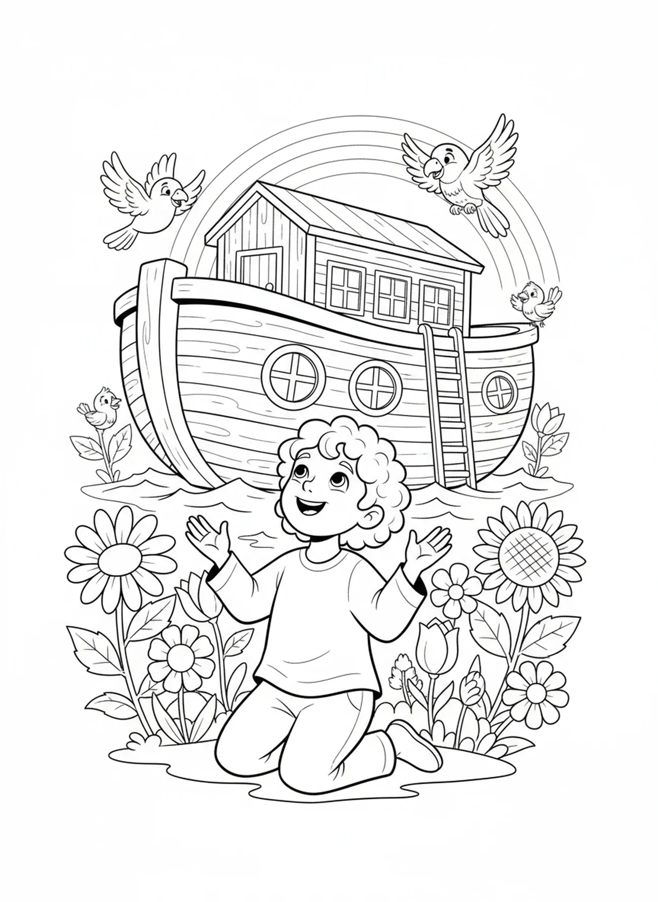 Child giving thanks, Worship coloring page for kids age 5-10