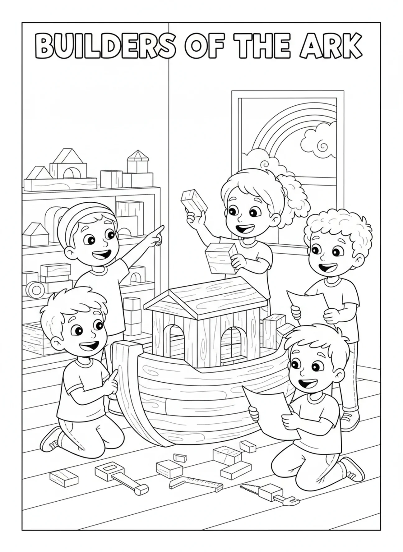 Children creating an ark, Worship coloring page for kids age 5-10