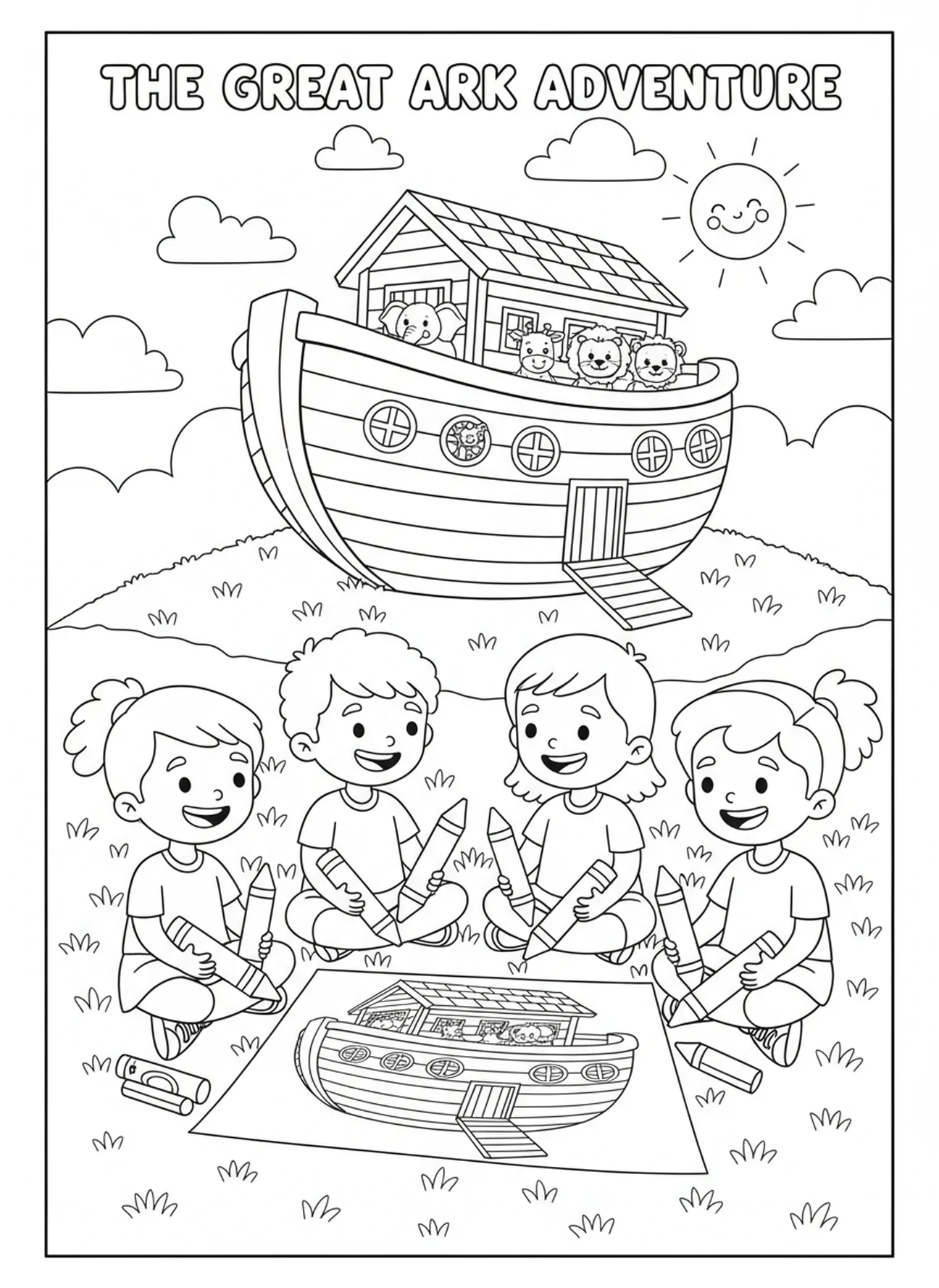 Children drawing the ark, Worship coloring page for kids age 5-10