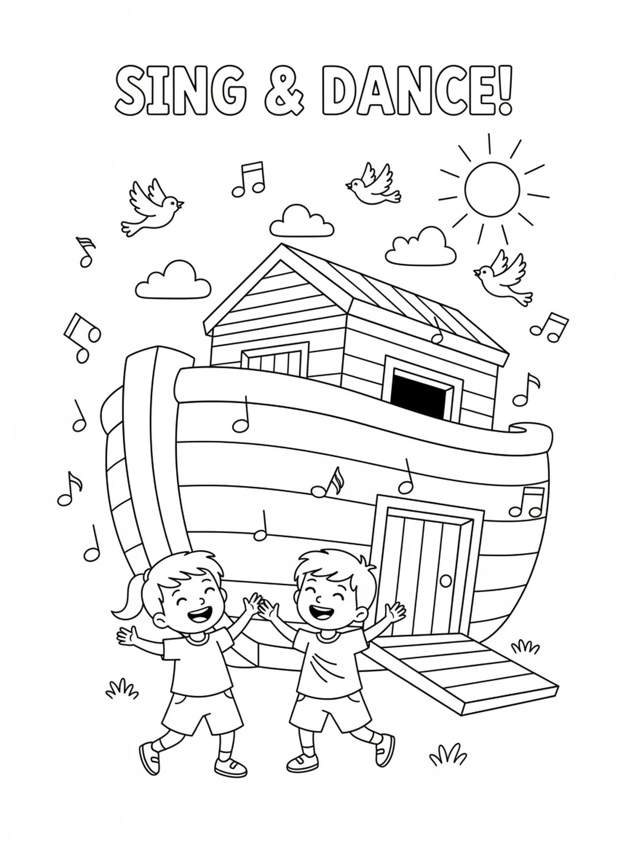 Children singing by the ark, Worship coloring page for kids age 5-10