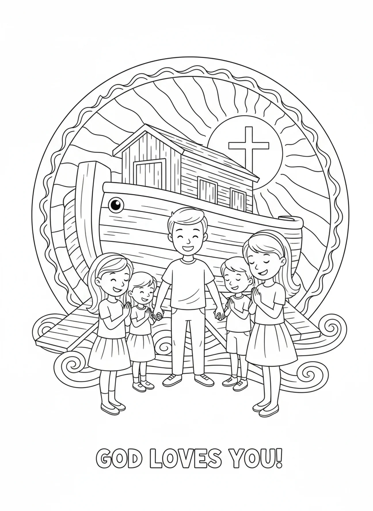 Family praying together, Worship coloring page for kids age 5-10
